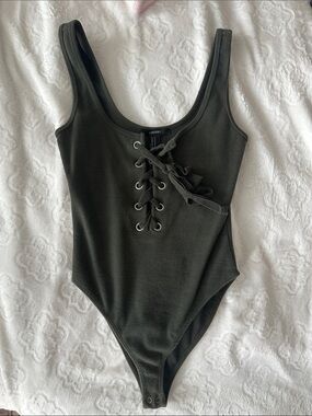 Forever 21 Dark Olive Lace-Up Ribbed One-Piece Bodysuit